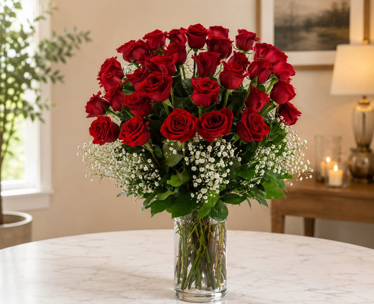 Majestic Red Rose Arrangement by Bosmat Flowers